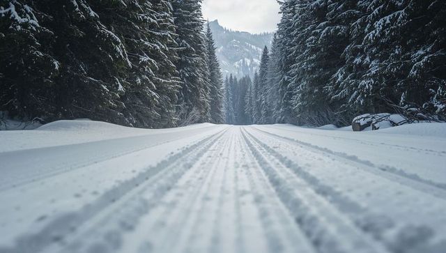 Groomed snow trail guiding gaze through evergreen forest toward distant mountain peaks