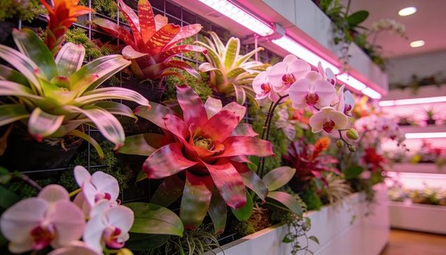 Tropical living wall with red bromeliad and pink orchids under pink led grow lights
