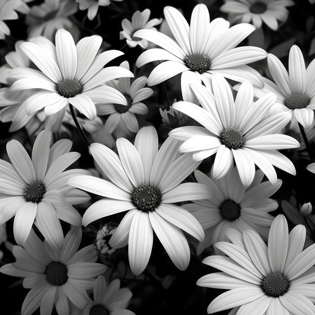 Black and white daisies blooming vibrantly. Suitable for use in nature-themed projects, interior decoration art, botanical illustrations, serene mood boards, elegant home decor ideas, and vintage style promotions.