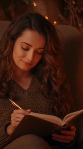 Vertical video woman journaling in cozy armchair with warm string lights and bokeh