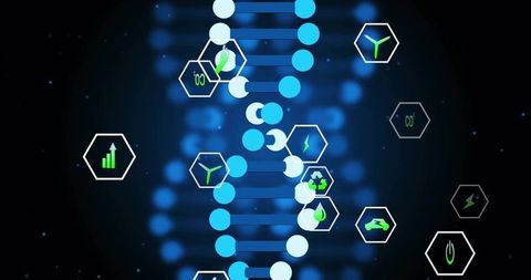 Futuristic dna helix showcasing green biotech icons and glowing renewable data