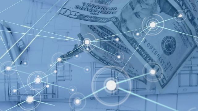 Animation of interconnected financial network featuring US dollar bills and architectural drawings, suitable for illustrating concepts in finance, business, technology, property investments, and global connectivity. Ideal for use in presentations, articles, and educational materials on modern finance and digital advancements in business planning.