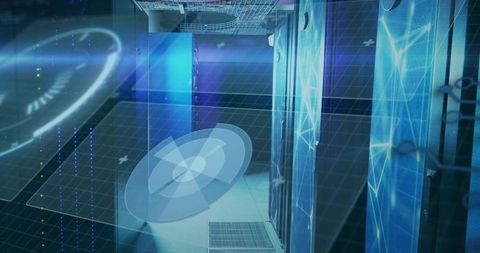 Glowing Cyan Data Center Aisle with Holographic AR Overlays and Server Rack Monitoring