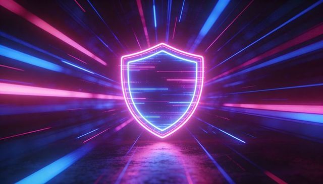 Neon Cyber Shield Emitting Magenta and Cyan Light Trails in Futuristic Glitch Tunnel scene