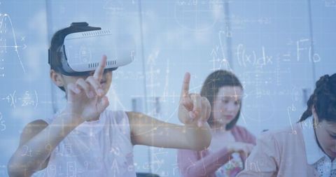 Students Using VR Headsets Solving Math Problems