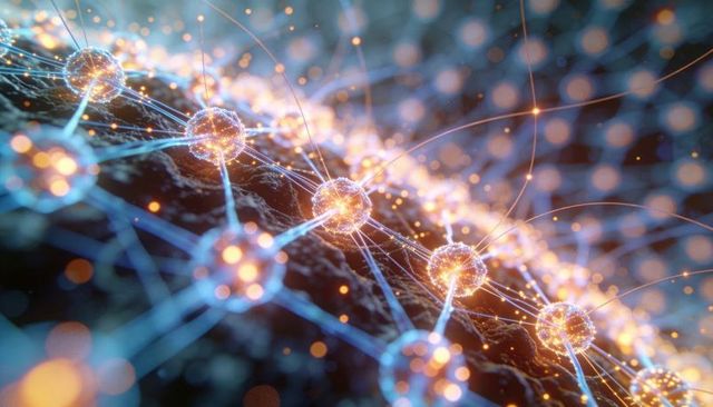 Glowing neural network connecting spherical nodes with light filaments and particle sparks