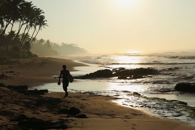 Perfect for conveying the tranquility and beauty of a tropical vacation, this image captures the serene atmosphere of an evening walk on the beach. Use it for travel brochures, relaxation and meditation websites, or social media posts celebrating scenic landscapes.