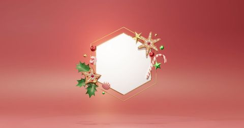 Christmas hexagon frame red background with festive decorations