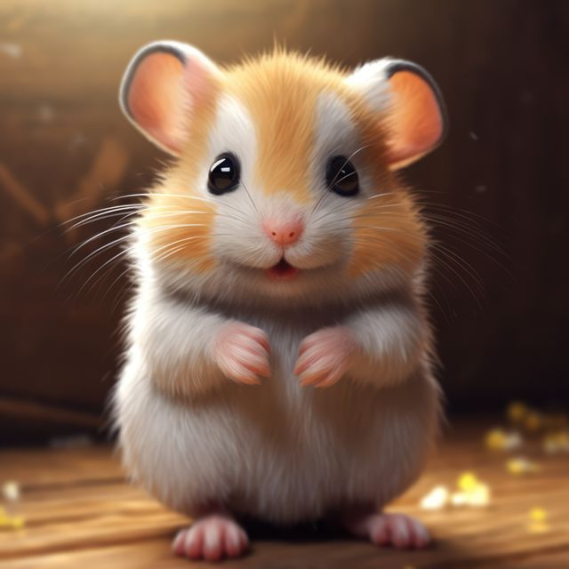 Adorable hamster standing on wooden floor with curious expression can be used in pet care promotions, children's books, educational materials, or as engaging content for social media platforms highlighting cute animals.