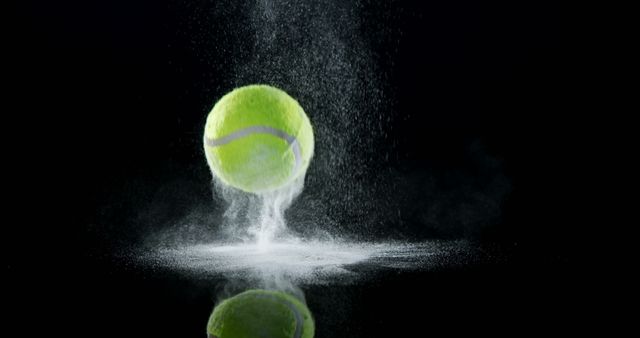 Tennis ball captured mid-bounce with a cloud of white powder accentuating the impact, set against a dark background. Ideal for sports advertisements, energy drinks campaigns, tennis equipment promotion, or dynamic action visuals.