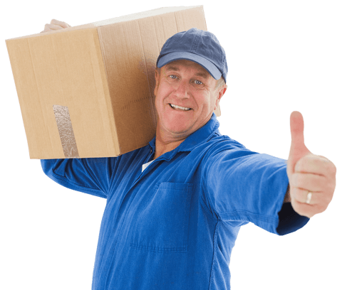 Happy Delivery Man in Blue Showing Thumbs Up with Cardboard Box - Download Free Stock Videos Pikwizard.com