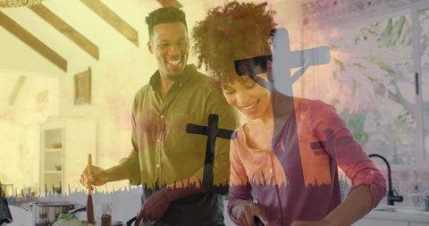 Couple cooking together with three crosses double exposure blending faith and daily home life