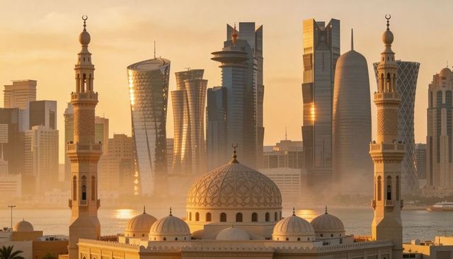 Golden sunset over coastal mosque with ornate dome twin minarets and modern skyline