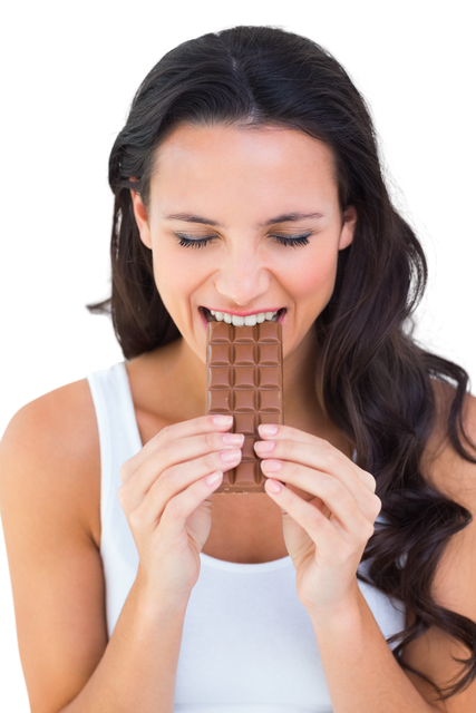 Pretty Brunette Eating Bar of Chocolate Against Transparent Background - Download Free Stock Videos Pikwizard.com