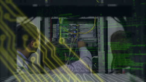 Team Managing Server Room with Circuit Board Overlay