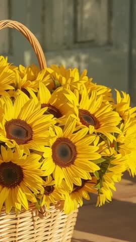 Vertical panning video showing sunflowers overflowing wicker basket on rustic wooden table