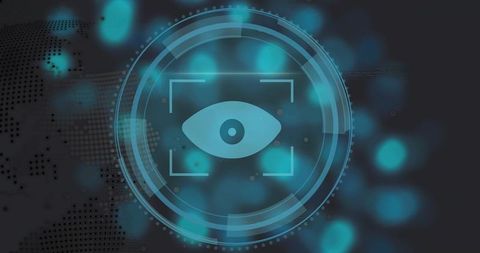 Pulsing teal eye icon in HUD rings focusing on data visualization for cybersecurity brand