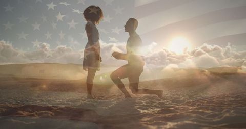 Romantic Beach Proposal with United States Flag Overlay - Download Free Stock Images Pikwizard.com