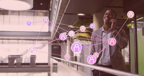 Businessman Engaging in Professional Conversation with Digital Network