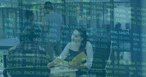 Business Professionals Analyzing Stock Market Reports with Ticker Overlay