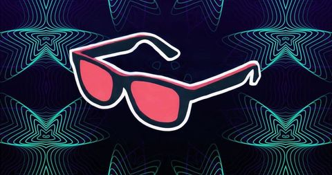 Floating red-lensed sunglasses over neon geometric waves - futuristic minimalist accessory art