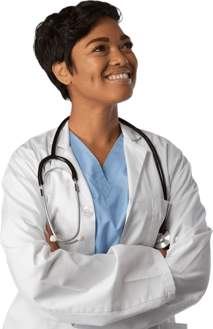 Smiling female doctor with crossed arms, transparent background