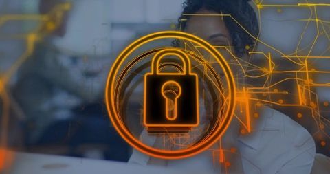 Professional woman typing with glowing padlock overlay for cybersecurity and privacy