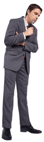 Transparent Businessman Holding Pen Deep in Thought