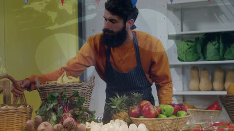Greengrocer Organizing Produce in Shop with Data Overlay