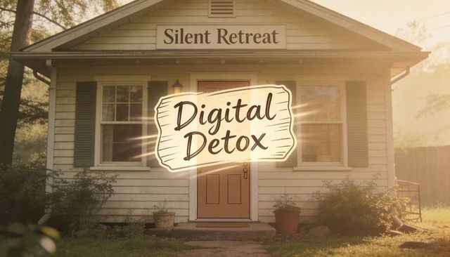 Sunlit silent retreat cottage with digital detox sign for wellness and mindfulness getaway