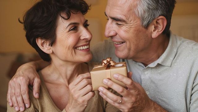 Smiling mature couple exchanging small wrapped gift at home, intimate anniversary moment