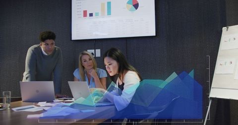 Diverse Team Analyzing Financial Data with Advanced Technology Overlays