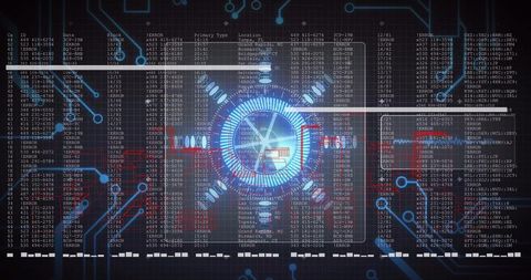 Futuristic cyber dashboard displaying blue HUD pulsing over red ECG waveform and analytics