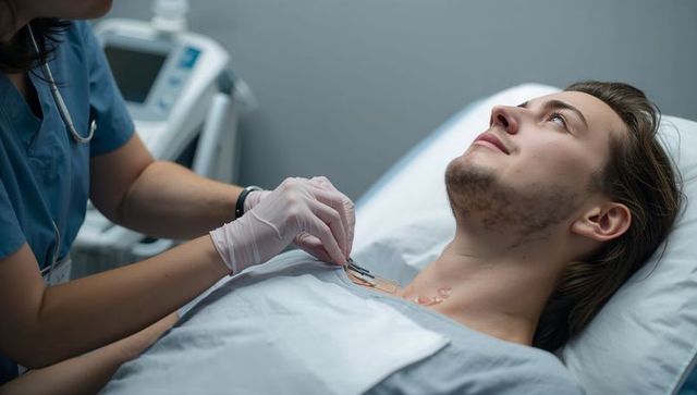 Nurse attaching ecg electrodes to young male patient in hospital bed