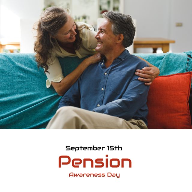 Digital composite image of happy senior caucasian couple at home with pension awareness day text. Copy space, importance of pension, savings, raise awareness, financial wellbeing, retirement planning.