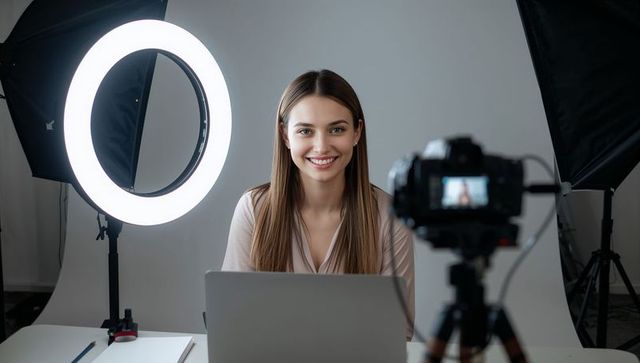 Smiling creator filming vlog with ring light dslr and laptop in small studio setup