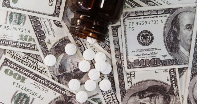 Pills are scattered on a background of US dollar bills, suggesting the high cost of healthcare or pharmaceuticals. It highlights the financial burden of medication on individuals and the intersection of medicine and economics.