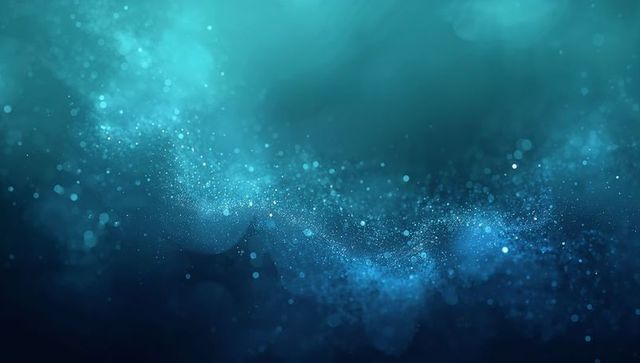 Luminescent teal nebula particle cloud flowing with bokeh sparkle and deep navy gradient
