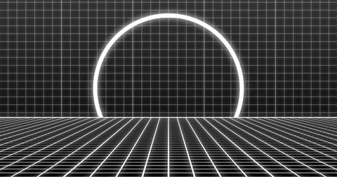Glowing semicircle rising over neon grid floor and grid-tiled wall retrofuturistic minimal