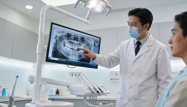 Dentist pointing at panoramic dental x-ray on monitor consulting patient in modern clinic