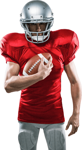 Transparent Confident American Football Player in Red Jersey Holding Ball
