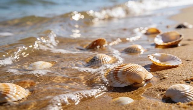 Sunlit scallop shells glistening on wet sand with gentle wave foam and bokeh highlights