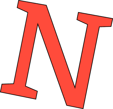 Flat red serif letter n with black outline on transparent background