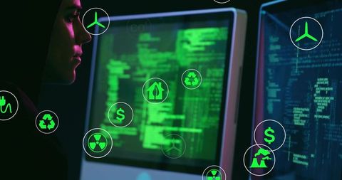 Cyber Analyst Working on Sustainable Technology Code in Dark Office