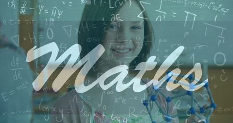 Smiling schoolgirl learning math with equations overlay