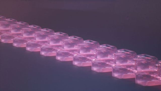 Glowing pink hexagonal prisms align in futuristic display