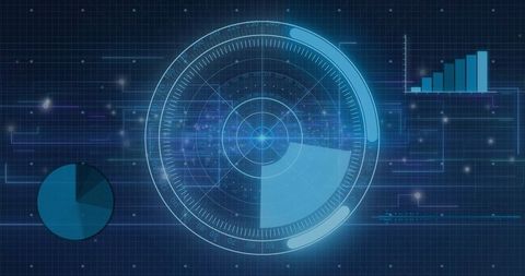 Futuristic digital interface with circular radar visualization