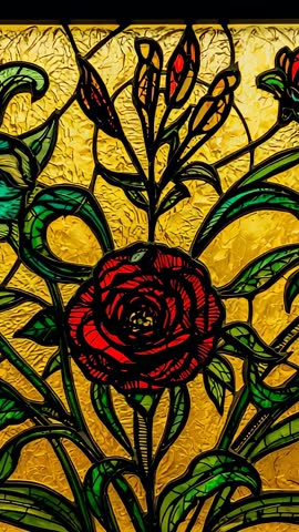 Panning vertical video revealing backlit leaded glass panel with red rose and buds