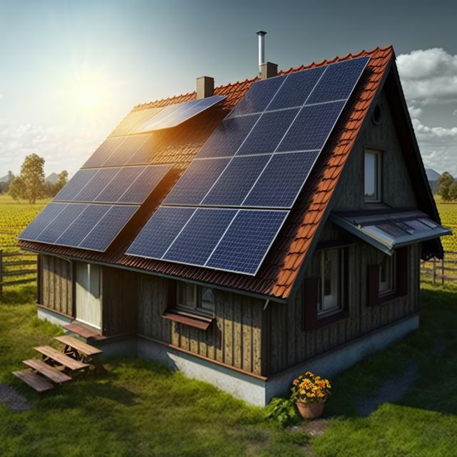 Small rustic house with solar panels installed on red-tiled roof, surrounded by lush greenery and fields. Bright sunlight hitting panels, showcasing efficient harnessing of solar energy. Ideal for sustainability projects, green technology promotion, renewable energy content, and rural lifestyle themes.