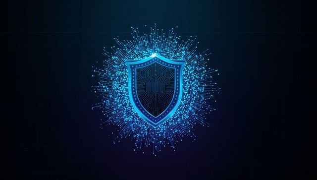 Neon Blue Shield Guarding Digital Network with Radiant Circuit Halo and AI Data Burst
